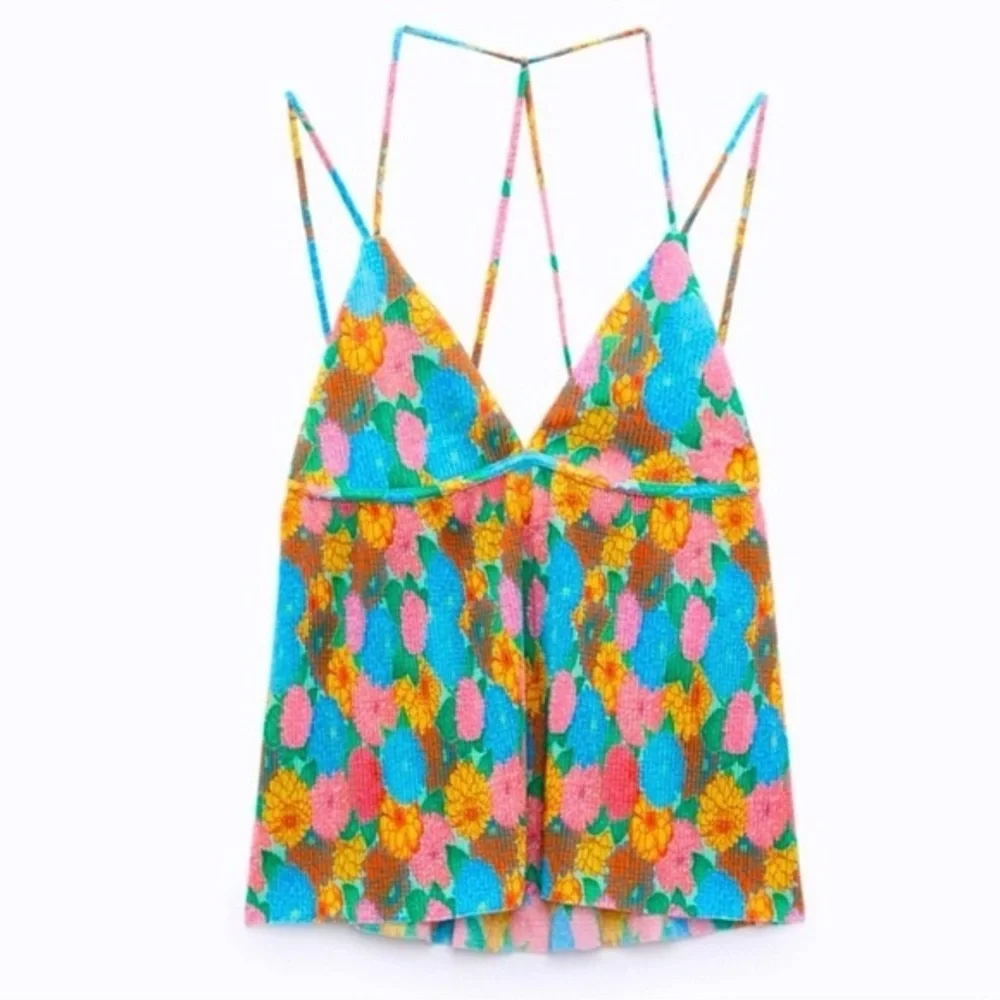 Zara Womens Pleated Strappy Flowy Top Tank Multi-Color Floral 5039/389 Size‎ S
